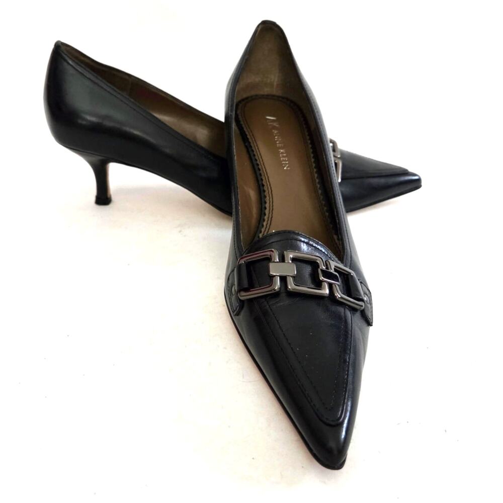 Vintage Anne Klein Magrette Chain Pointed Toe Leather Kitten Heel Pumps Sz 8